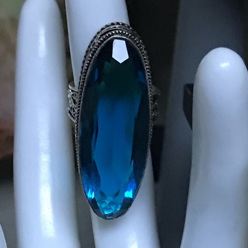 Statement Glass stone ring size 8 silver filigree setting #londonbluetopaz